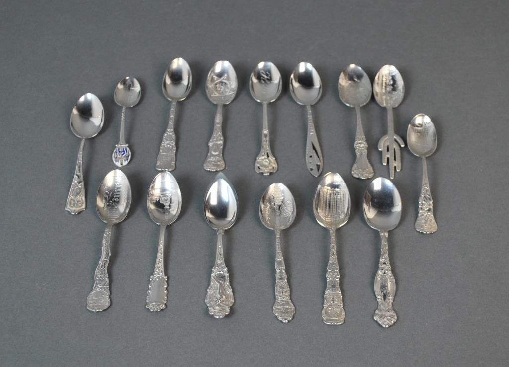 (15) STERLING SPOONS – MOSTLY SOUVENIR: including figural Buffalo NY, figural cactus Albuquerque NM, Masonic Temple Chicago, 4-leaf clover Good Luck, Habana enamel, etc., 9.9ozt.