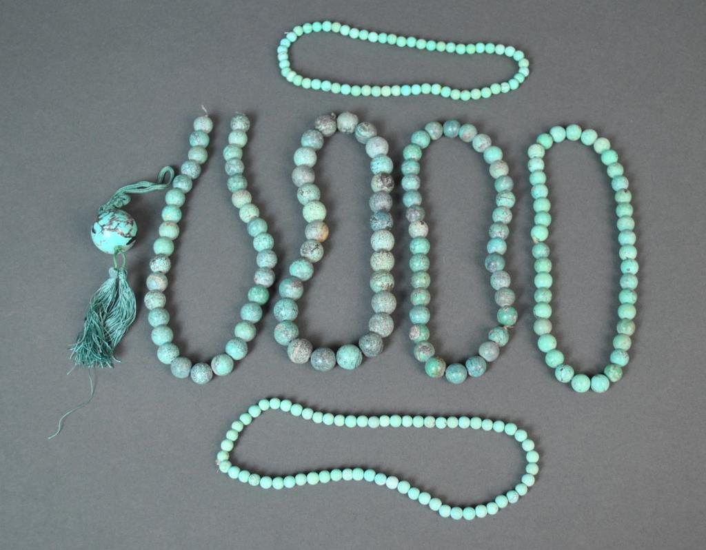 (6) VINTAGE TURQUOISE NECKLACES: likely Chinese, 6-15mm stones, 14in., together with a 28mm turquoise bead on lanyard with tassels