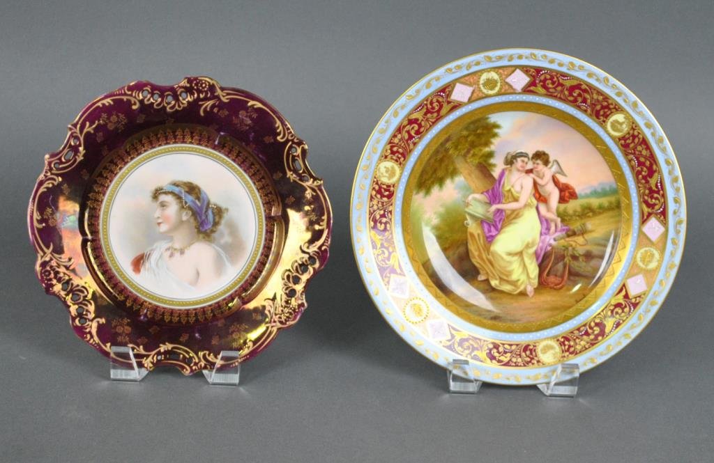 (2) CABINET PLATES: including a Vienna shallow bowl entitled Sappho, artist signed Frund (enamel beading loss), 9.5in., and a Bavarian transfer decorated portrait plate with enameled details (wear to luster border), 8.5i