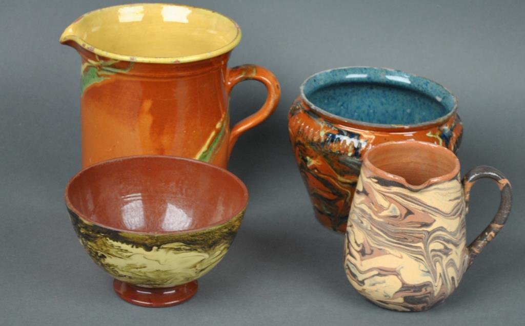 (4) PIECE FRENCH JASPE POTTERY GROUP: 19th/20thC., including 2 jugs, a planter and a bowl, largest 7in.