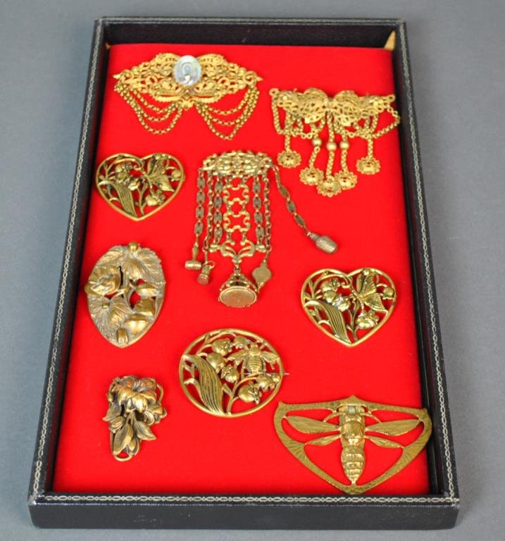 (9) VINTAGE BRASS PINS & CLIPS: including a chatelaine, length 4.75in.