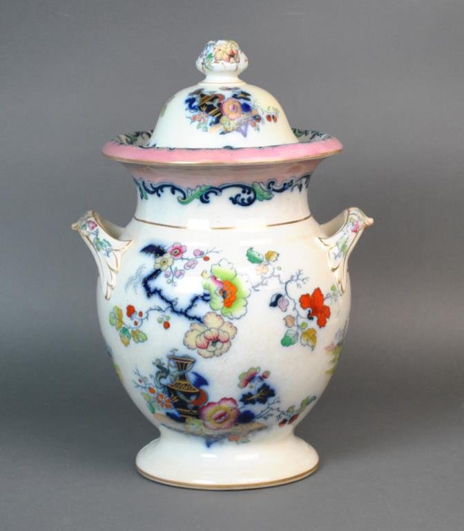 ENGLISH IRONSTONE COVERED JAR: 19thC., polychrome decorated in Imari palette, floral finial, Ridgway or similar mark, 18x12in.