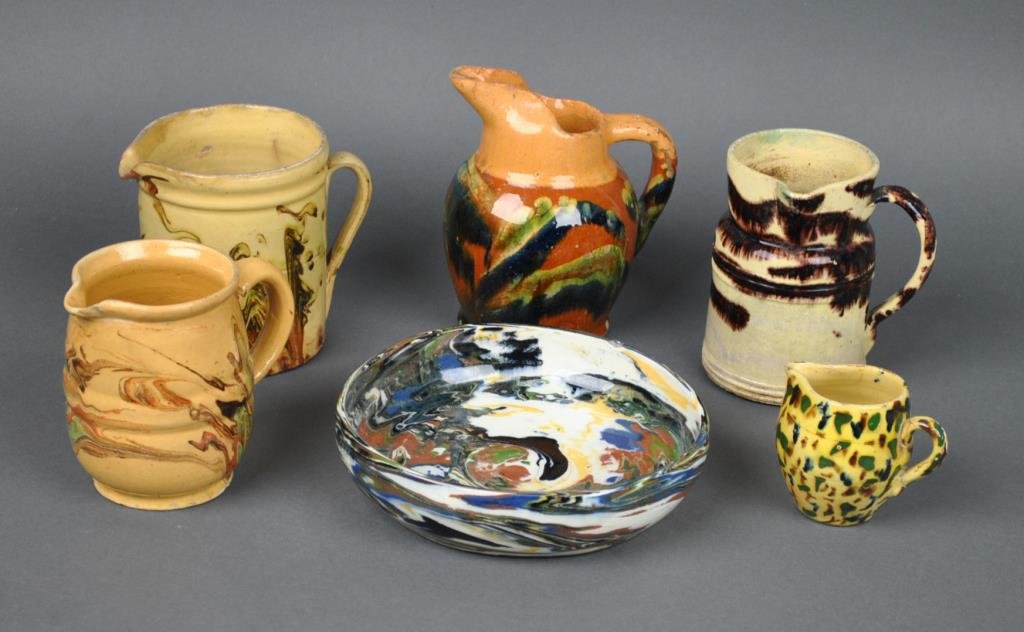 (6) AS-IS POTTERY GROUP: including an 8" Desert Sands Boulder City Nevada pottery bowl (rim area repair with small chip), a tortoise glazed jug (rim restoration), and 4 other jugs including French jaspe, tallest 7" (all with