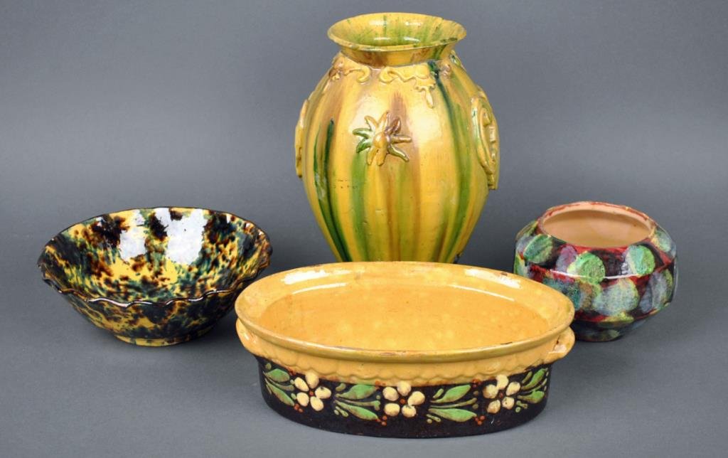 (4) PIECE VINTAGE POTTERY GROUP: 19th/20thC., including a large size molded vase (base chip, other small chips), a slip decorated casserole, 4x12in., a planter (small chip & crack to rim), and a sponge decorated ruffled bowl, tallest
