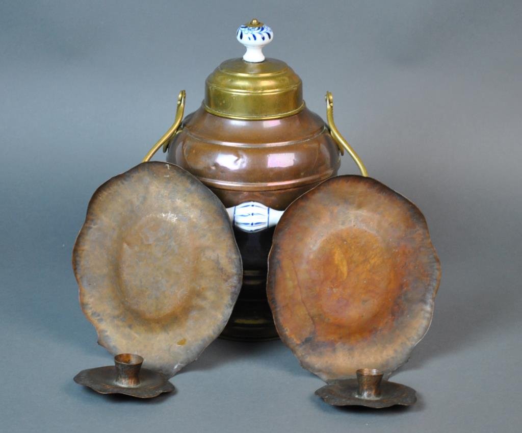 (3) PIECE ANTIQUE COPPER & BRASS GROUP: including a pair of hammered copper candle sconces, and a Dutch coal can with copper body and brass foot, porcelain handles, original liner, both unsigned, can height 14in.