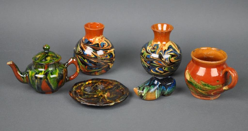 (6) PIECE FRENCH JASPE POTTERY GROUP: 19th/20thC., including a pair of vases, a jug, a teapot (finial repair), a dish, and a shoe, tallest 5.5in.