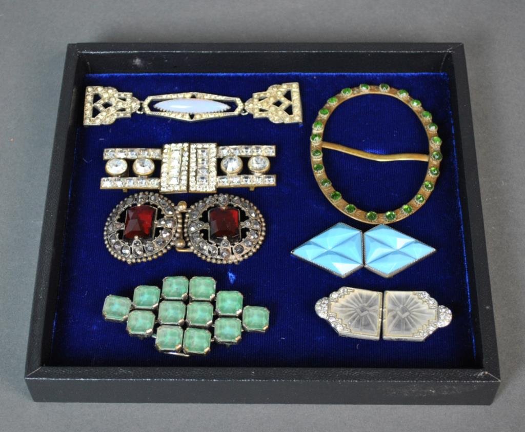 (7) VINTAGE BELT & SASH BUCKLES: most paste set, 2 stamped Czechoslovakia, largest 4.5in.