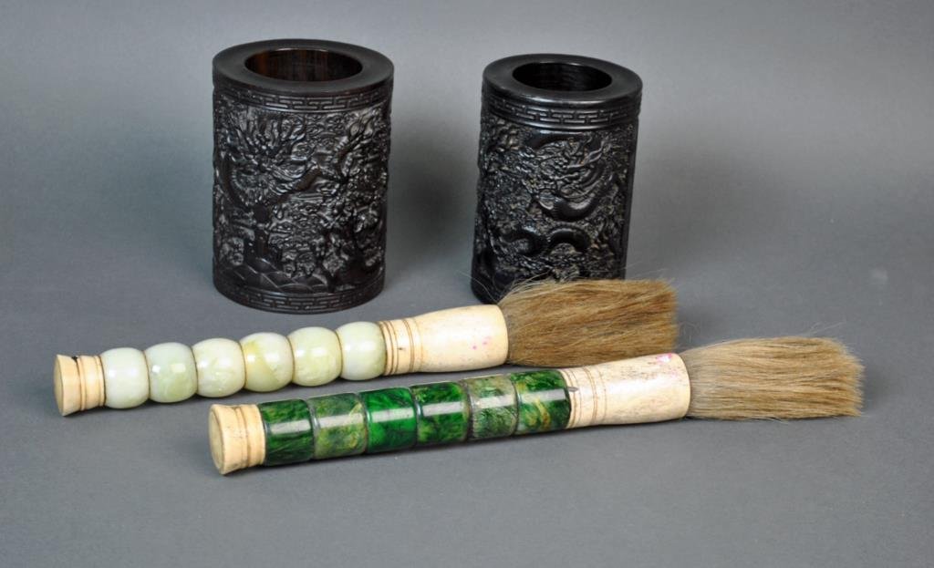 (4) PIECE CONTEMPORARY BRUSH POT GROUP: comprising 2 brush pots with dragon scenics, 6in., and 2 bone mounted calligraphy brushes, 15in.
