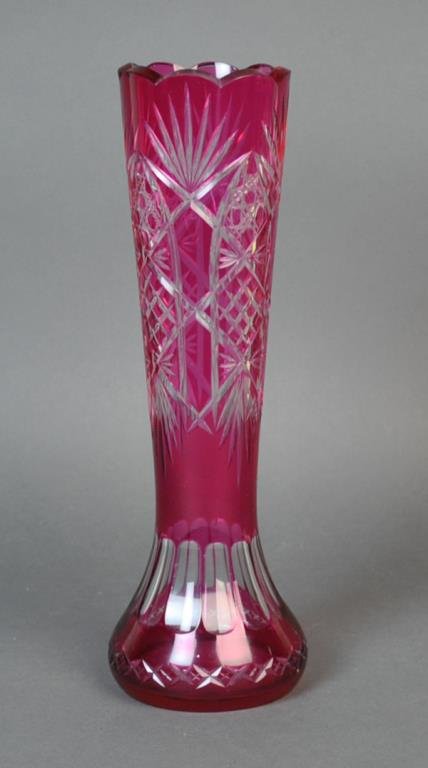 EARLY CRANBERRY CUT TO CLEAR VASE: likely Val St. Lambert, bulbous base, faceted sides, scalloped top, 13.5in.