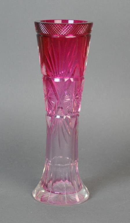 EARLY CRANBERRY CUT TO CLEAR VASE: likely Val St. Lambert, cranberry shading to pink, flared base, crosshatch rim, 11in.