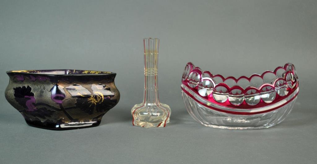 (3) CONTINENTAL CRYSTAL/GLASS OBJECTS: including a ruby rimmed cut to clear bowl, possibly Val. St. Lambert, an amethyst acid etched leaf vase, likely Mont Joye (gilt loss), and an art glass bud vase, tallest 6in.
