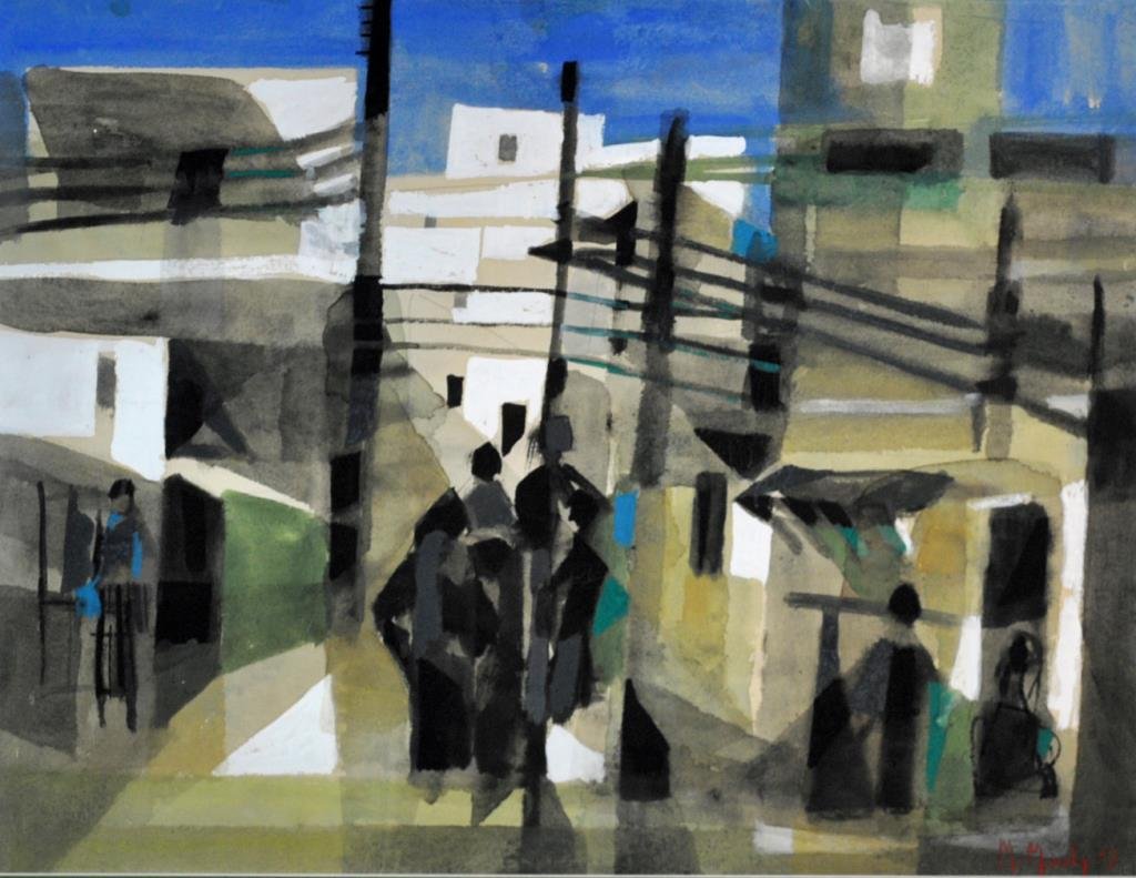 MARCEL MOULY (French, 1918-2008): a street scene with figures, 1943, watercolor with gouache, signed 'M. Mouly 43' at lower right, 19x24in.