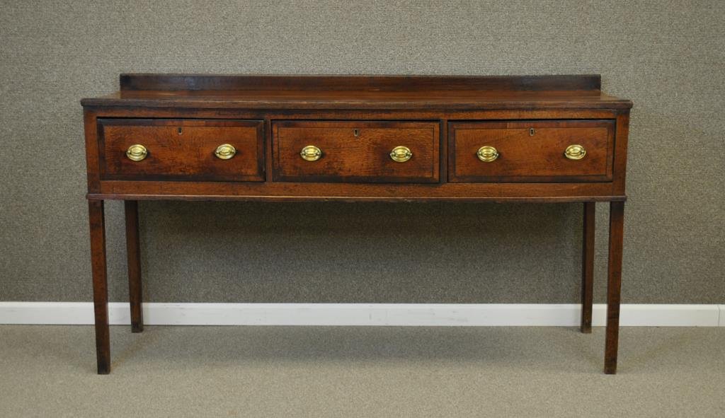 GEORGE III OAK HUNT BOARD: c.1780, 3-drawer, banded drawers and top, splash board, 37x66x19in.