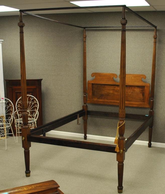 AMERICAN MAHOGANY CANOPY BED: c.1800, Certificate of Authenticity reads: â€œAMERICAN CANOPY BED. This bed was made from walnut, circa 1800 most probably in Virginia. The front posts are reeded with carved leafage and turned de