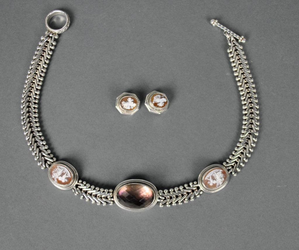 STEPHEN DWECK STERLING & CAMEO PARURE: including a 17" necklace (faceted center stone 1.5x1") and a pair of .75" earclips, all stamped 'Stephen Dweck Sterling', gross weight 6ozt.