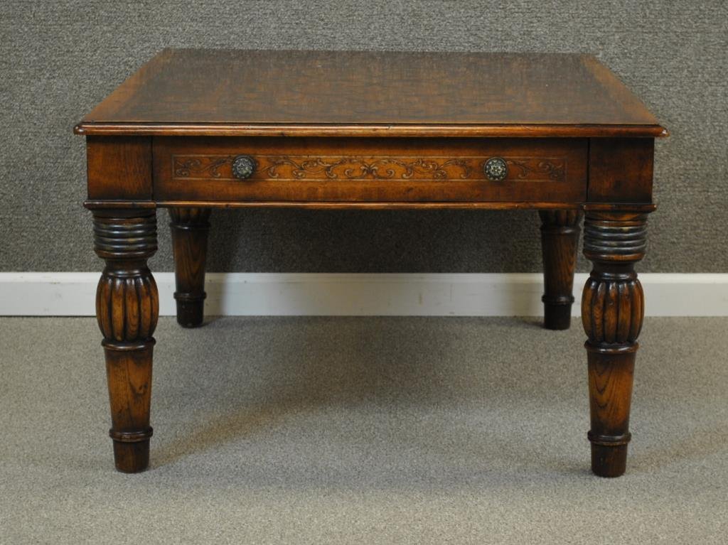 MAITLAND SMITH (ATTR) COFFEE TABLE: with scroll inlay, two-drawer, on fluted legs, 20x32x42in.