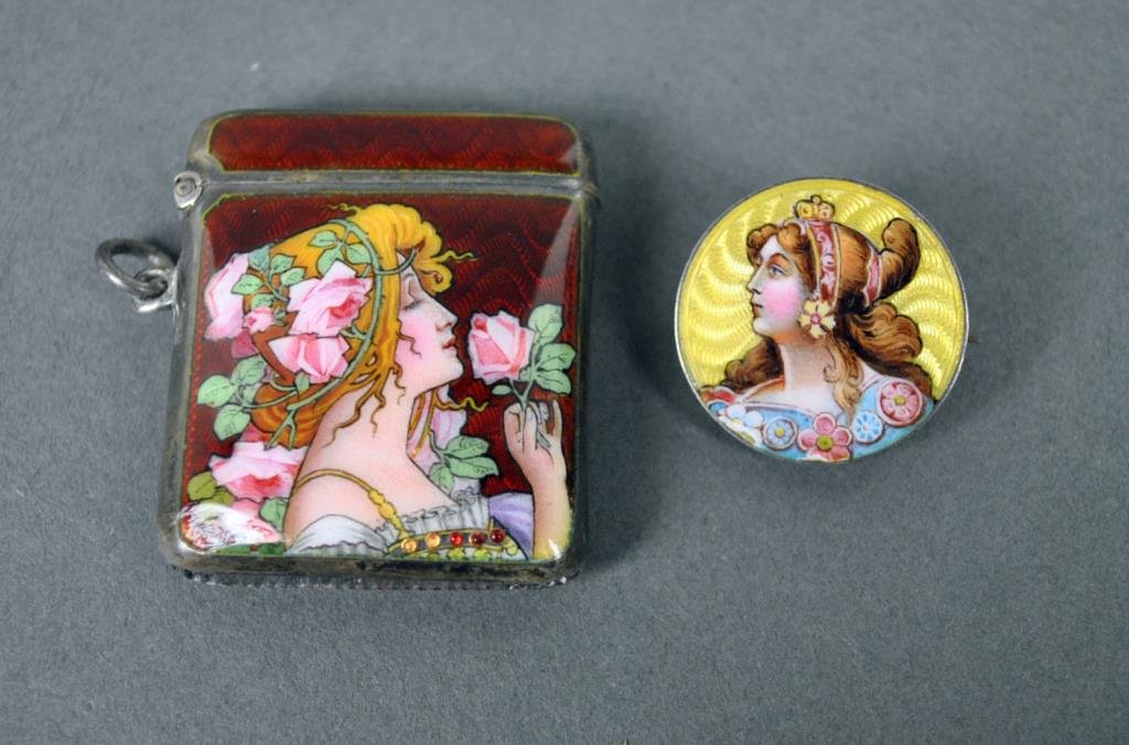 (2) GUILLOCHE ENAMELED OBJECTS: each with painted portrait of a beauty, including a pin stamped 900, .75in., and a vesta case with English silver hallmarks (rough spot/chip to corner, beading loss), 1.5x1.25in., Estate Collection