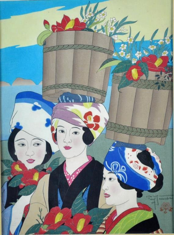 PAUL JACOULET WOODBLOCK - FLEURS D'HIVER: (French, 1902-1960), pencil signed lower right with stamp, border of paper cut (part of seal missing), matted, unframed,15x11in.