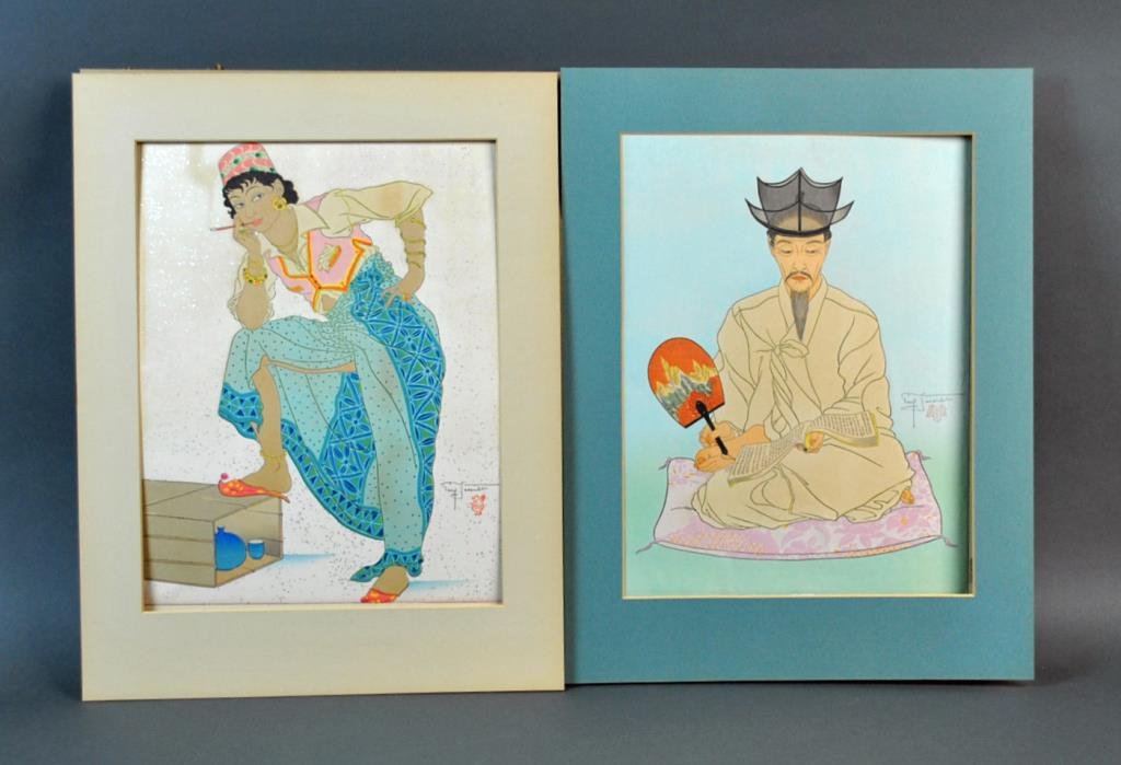 (2) PAUL JACOULET WOODBLOCKS: (French, 1902-1960), "L'Attente, Celebes Menado" and "Les Vieux Manuscrits, Coree-Seoul", each pencil signed with stamp, matting adhered to border on each, unframed, 15.5x11.5in.