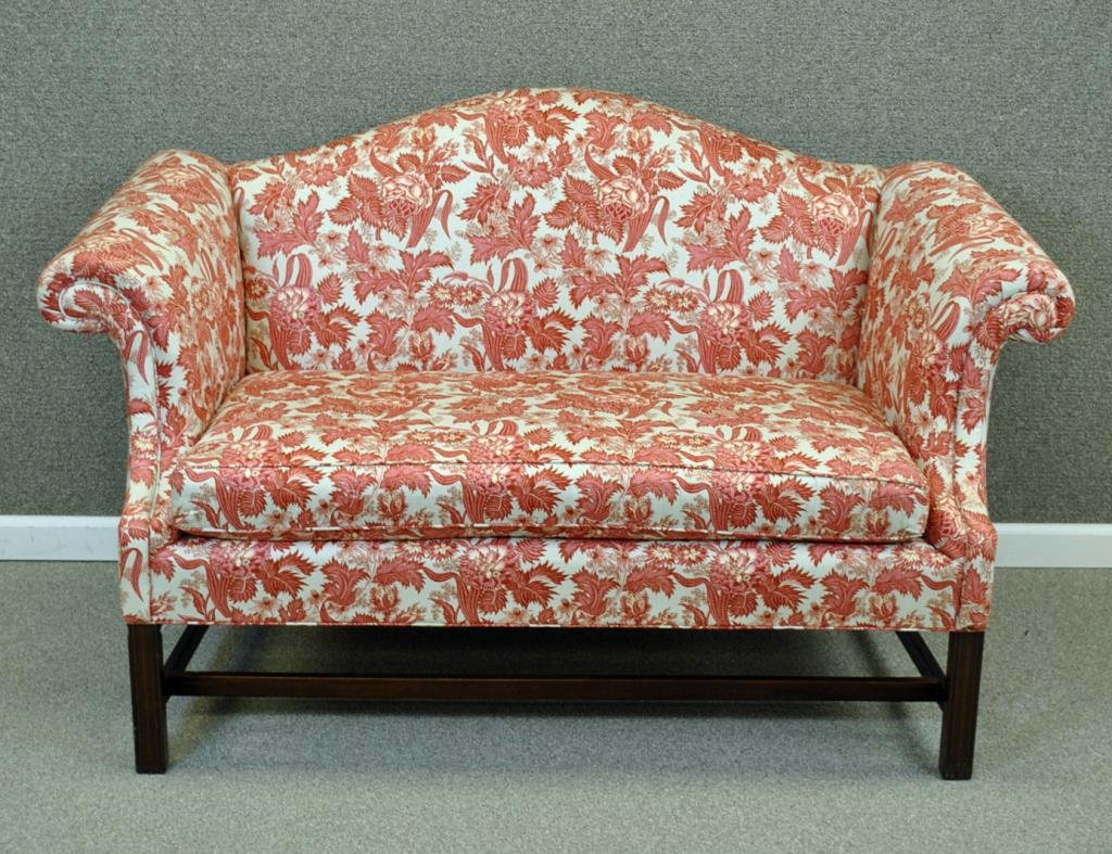 CONTEMPORARY CAMEL BACK SETTEE: Schumacher fabric, fruitwood frame (wood scuffs), label of W.&J. Sloane, 35x57x32in.