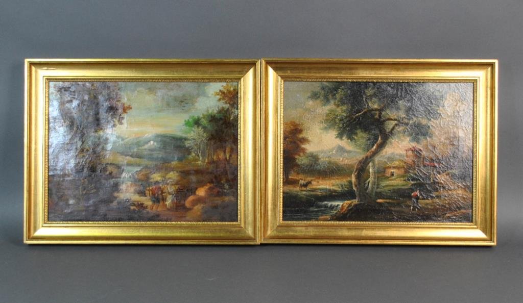 CONTINENTAL SCHOOL (20THC.), PAIR RURAL VIEWS: each a river landscape with figures, oils on canvas, in matching frames, each unsigned and measure overall framed 14x18in., minor rubs