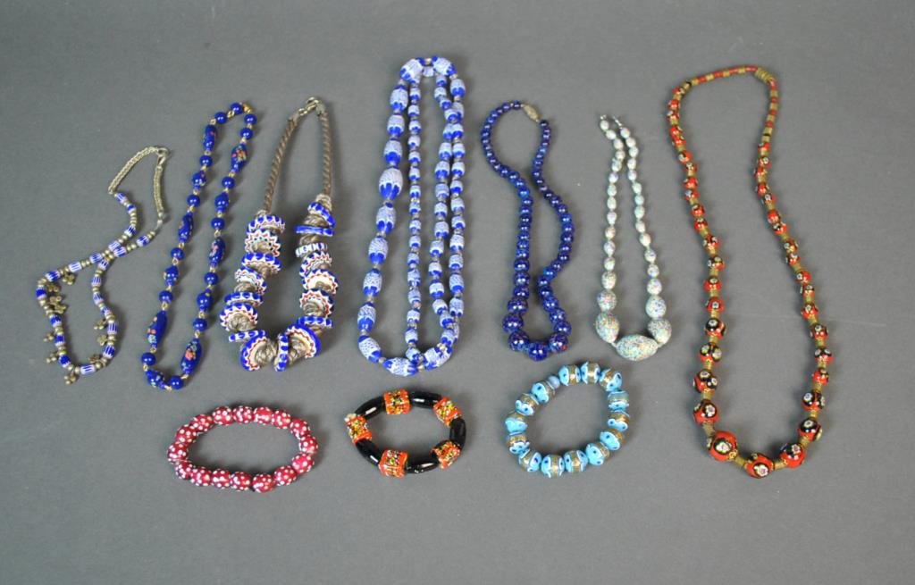 (10) VINTAGE ART GLASS NECKLACES & BRACELETS: comprising 7 beaded necklaces including some Venetian / Millefiori-style, etc., 14-41in., and 3 stretch bracelets, Estate Collection