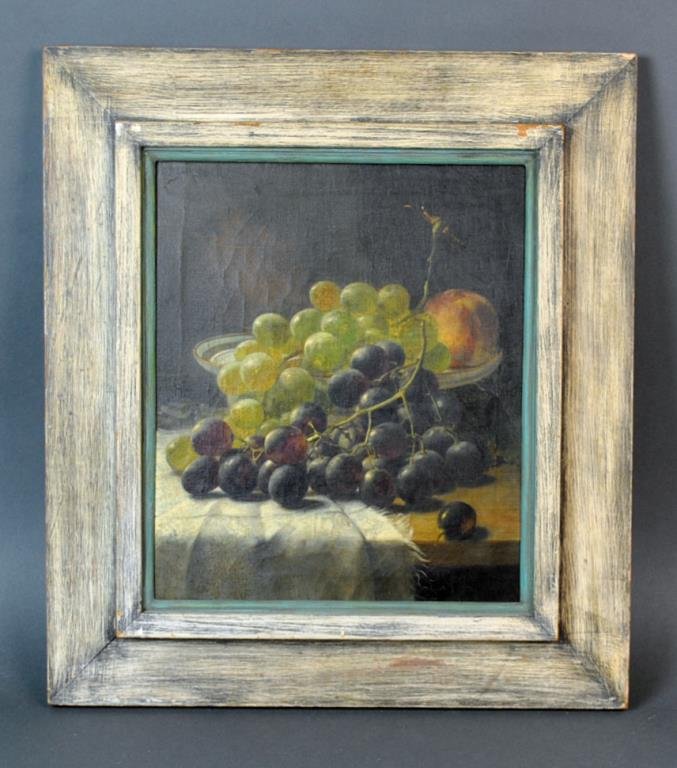 JOHN AUGUSTUS THELWALL (British, fl.1883-1896): a still life of grapes and a peach, oil on canvas, signed 'J.A. Thelwall' upper left, 14x12in.