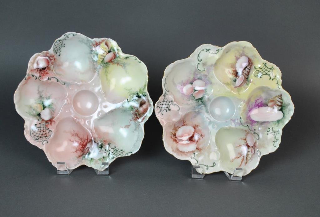 PAIR HAND-PAINTED LIMOGES OYSTER PLATES: depicting seashells, signed T&V France, 9.75in.