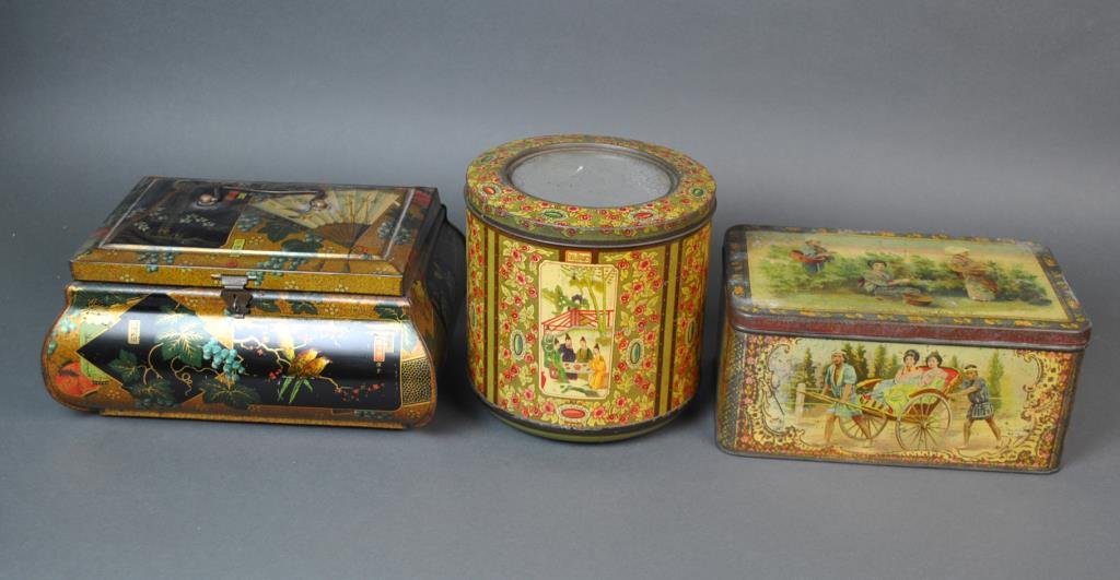 (3) LARGE ASIAN-STYLE TINS: including one marked "Liverpool China & India Tea Co. Ltd.", a French example marked "G. De Andreis & Cie - Marseille" with mirrored top, and an unsigned footed box with metal handle at top, tallest 8