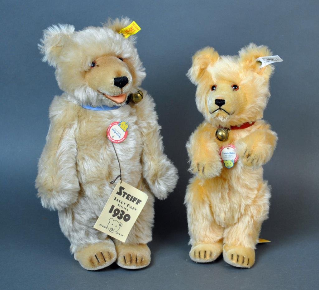 (2) STEIFF TEDDY BABY REPLICA BEARS: including a 1930 replica #0176/35, hand-signed on foot, and a 1931 replica #0178/32, both new with tags, tallest 15.5in.