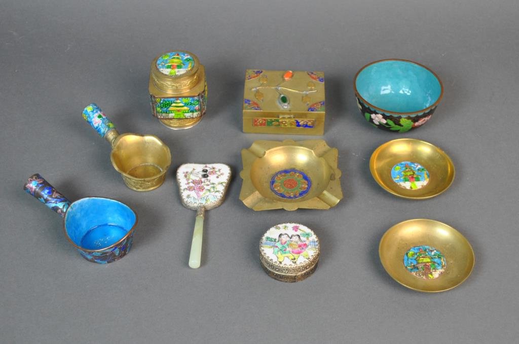 (10) PIECE CHINESE METALWARE GROUP: including an enameled covered box with 2 matching dishes, a small cloisonne bowl, a porcelain-top trinket box, a metal-framed porcelain hand mirror with hardstone handle, 2 silk irons, a hinged box wi