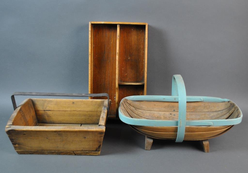 (3) VINTAGE WOOD COUNTRY COLLECTIBLES: including a garden trug with painted blue trim, an iron handled pine gathering box, and a maple cutlery carrier, trug measures 10x18x10in.