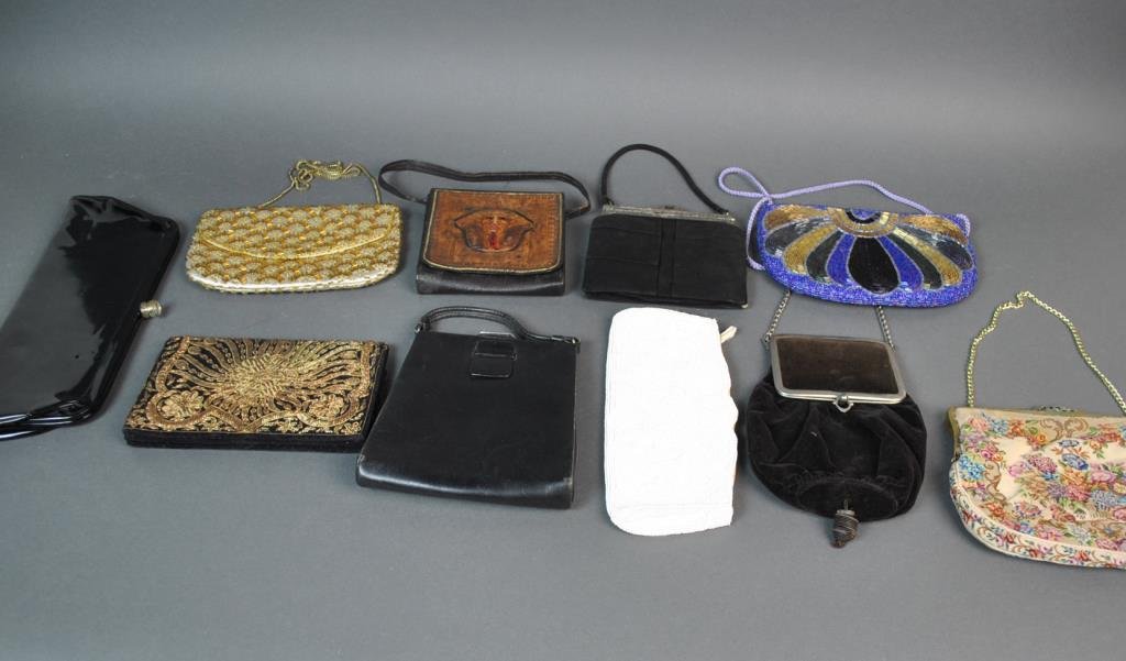 (10) VINTAGE PURSES & HANDBAGS: including leather, petit point, beaded, and marcasite, marks include Japan, India and China, largest 12in.