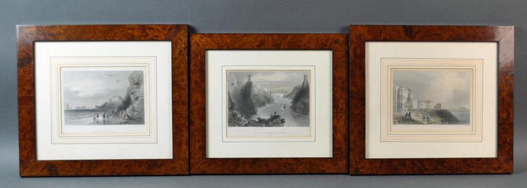 (3) BRITISH MARITIME HAND COLORED ENGRAVINGS: c.1840, by William Henry Bartlett, including ‘Blackpool’, ‘New Brighton’, and ‘Suspension Bridge at Clifton (Near Bristol)’, in matching Burlwood frames, each 6x7.5in.