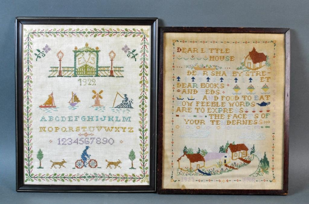 (2) 1900's NEEDLEWORK SAMPLERS: each pictorial, one dated 1929, initialed E.V.S. (mild staining), 16x13in., the other dated 1927, initialed HMR, and with poem (toning, staining, cardboard backing water stained and loose), 16x12in.