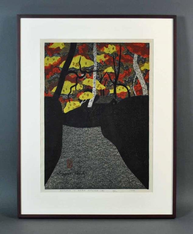 KIYOSHI SAITO (Japanese, 1907-1993): Autumn in Saga Kyoto (B), 1967, color woodblock print, edition of 100, signed in black ink and with artist's seal in the image, pencil titled, numbered and dated in the margin, 21x15in.