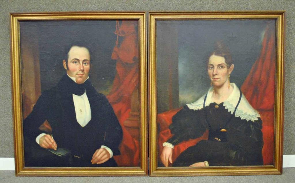 PAIR AMERICAN SCHOOL (19THC.) PORTRAITS: oils on canvas, each portrait depicted in half length, matching frames, each 36x29in., each with inpainting to edges as well as a few larger areas, else small and scattered, labels of Art Conservation