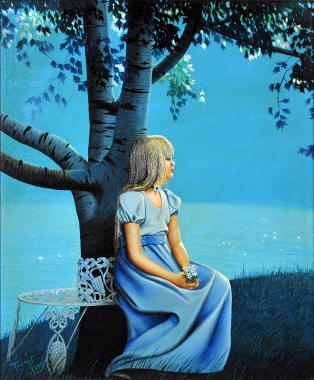 THOMAS KERRY (American, 20thC.): girl in blue, oil on masonite, signed 'Thomas Kerry' at bottom left, foil label of Bruce Andrew Galleries, Fort Lee, NJ, masonite annotated ‘T.48#/1975’, 24x20in., UV clean