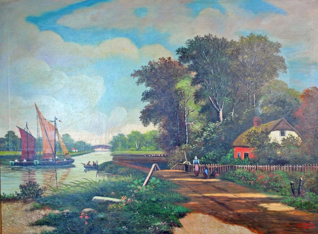 JOHN BIANCHI (American, 1867-1939): River Scene in Brittany - French, oil on canvas, signed 'J. Bianchi' lower right, titled verso canvas, 30x40in.