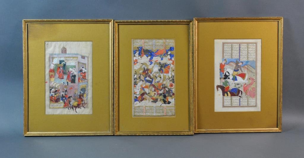 (3) MUGHAL SCHOOL GOUACHE PAINTINGS: likely 19thC., including a court scene, a hunting scene, and a battle scene with warriors on horseback, verso sticker titled 'Rustam capturing Khaghan of China, Persian 17th century, illustration of S
