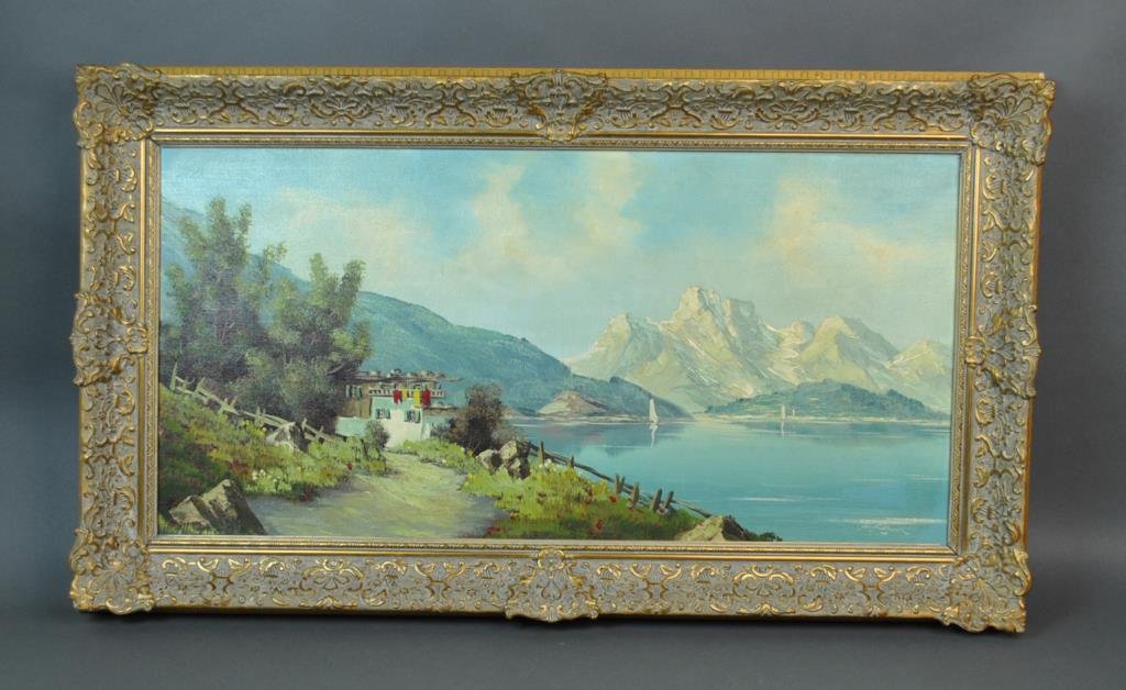 CONTINENTAL SCHOOL (20THC.), LANDSCAPE: oil on canvas, signed illegibly, 16x31in.