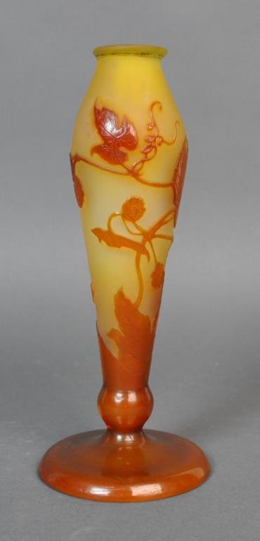 GALLE CAMEO GLASS LAMP BASE: in orange leaf and flower bud decoration on yellow ground, signed in cameo 'Galle', 10.25in.