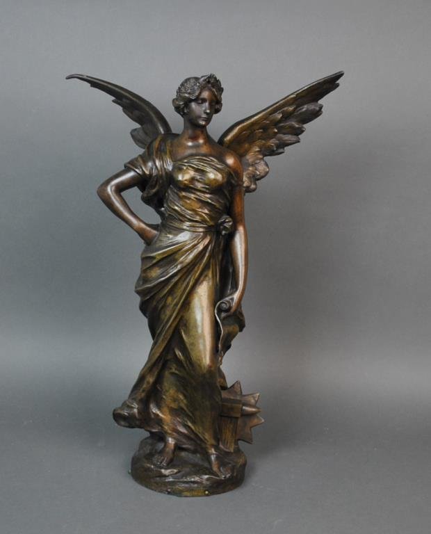 PATINATED SPELTER SCULPTURE AFTER JULIEN CAUSSE: affixed plate titled ‘L’Industrie par J Causse’, depicting a winged, robed woman, Paris foundry stamp verso, 23in., together with a complementing marble base