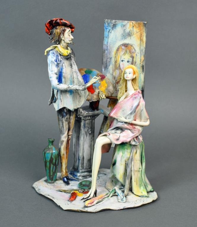 LO SCRICCIOLO ITALIAN CERAMIC FIGURAL GROUP: 'Artist and Model', signed A. Colombo, underside with label of 'Lo Scricciolo Italy', 9.75in.