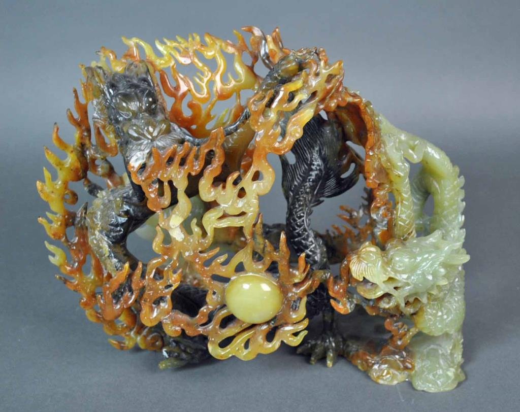 CHINESE CARVED SOAPSTONE DRAGON GROUP: of large size, 20thC., depicting double dragons chasing the flaming pearl, minor nicks and losses, 10x13x6in.