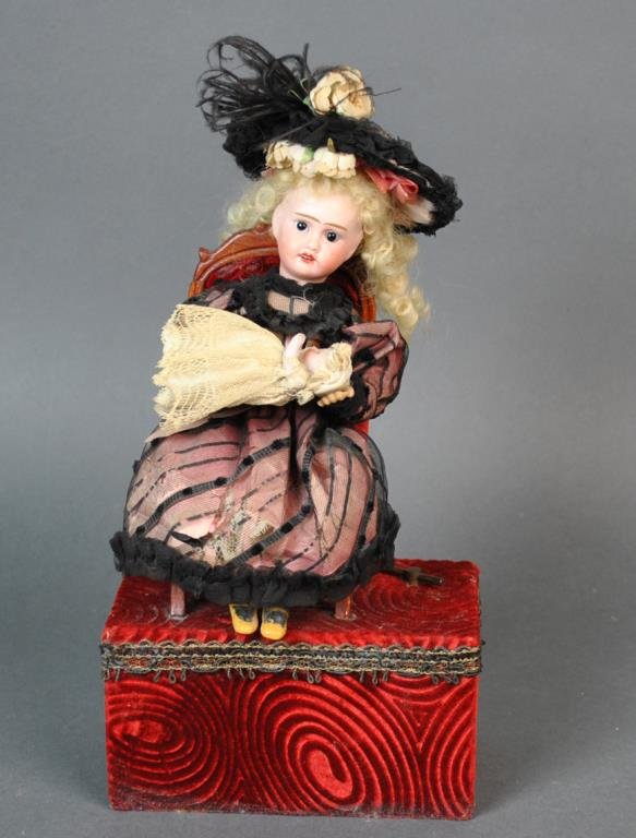 FRENCH MOTHER & BABY AUTOMATION DOLL: bisque head marked 'Petite Francaise, France J V 310 Liane', with anchor mark, key wind mechanism, in working condition as doll raises her all-bisque baby for a kiss, whilst music plays, 12x6in., over