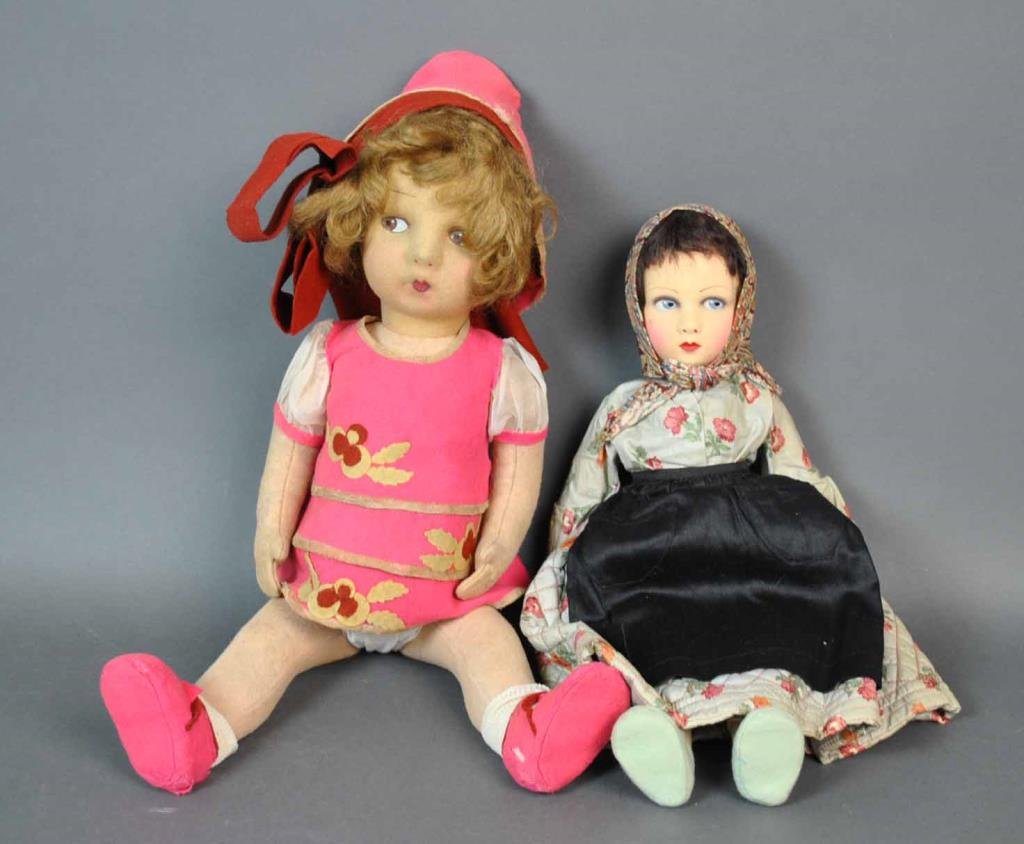 (2) VINTAGE LENCI-STYLE DOLLS: the larger example dressed as a toddler girl, 19in., the other dressed as a peasant, 16in., both with painted facial features