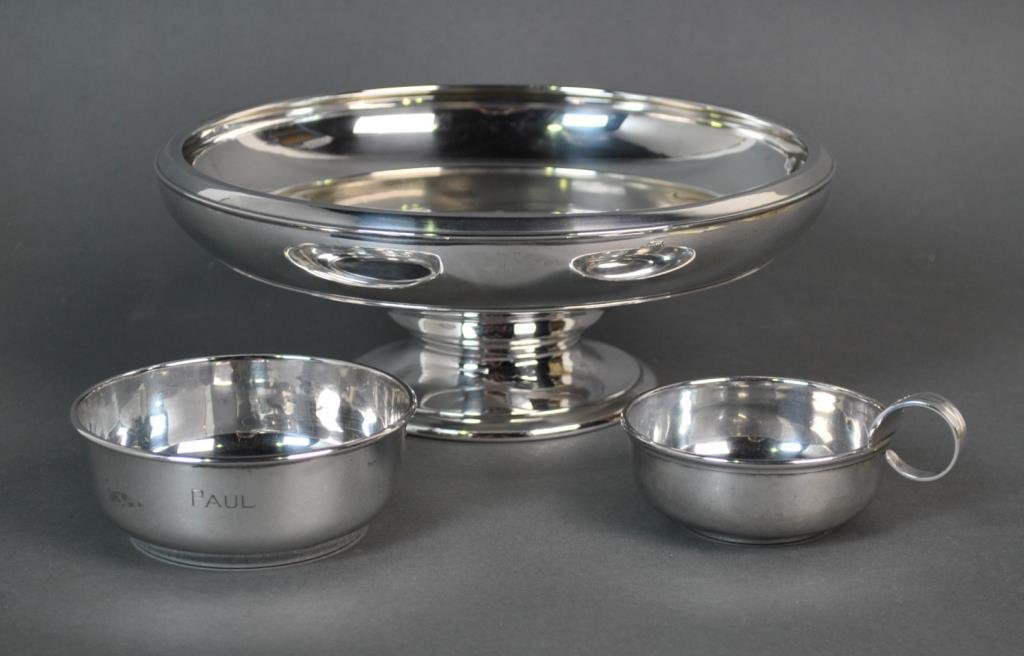 (3) PIECE STERLING HOLLOWARE GROUP: including a Whiting footed bowl, date mark 1922, a Mueck-Carey child’s bowl (engraved Paul), and a Tuttle handled cup, very minor digs, bowl 10in., 20.6ozt.