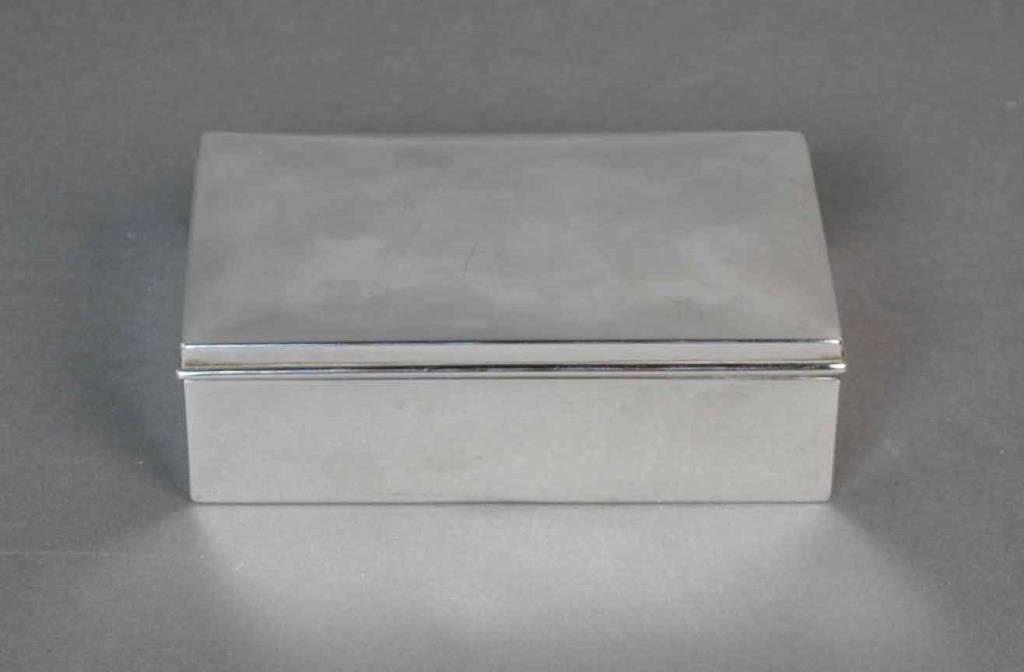 TIFFANY & CO. STERLING HINGED BOX: by Ahrendt & Kautzman, Made for Tiffany & Co., wood lined (wood chip to interior), 2x6.25x4in., 12.7ozt.