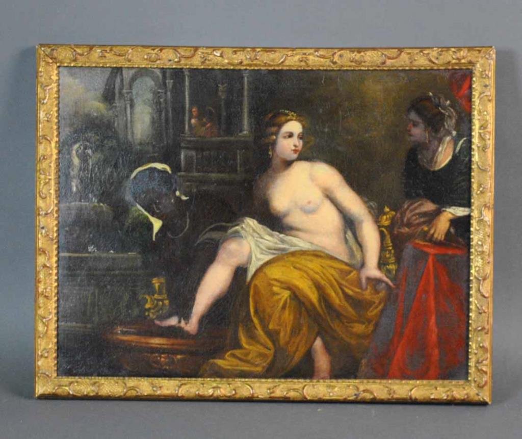 OLD MASTER FRENCH SCHOOL, BATHSHEBA AT HER BATH: likely 18thC., oil on canvas, 16x21in. Condition: relined, later stretcher, craquelure, some inpainting to right of Bathsheba's head and around attendant's head on right side, else minor and scattered